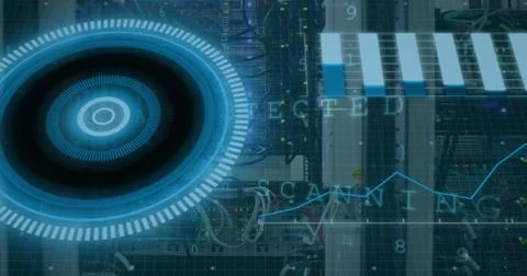 Image of scope scanning and data processing over cables in computer server in Foto stock