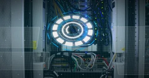 Image of scope scanning and data processing over cables in computer server in Stockfoto's