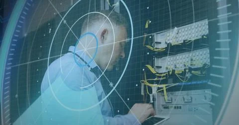 Image of scope scanning and data processing over caucasian it man fixing Stock Photos