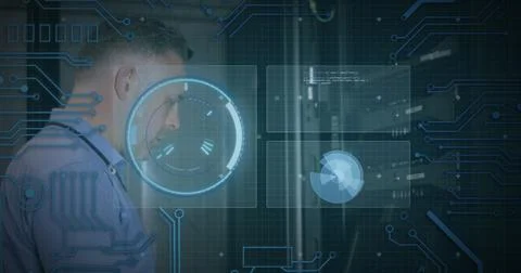Image of scope scanning and data processing over caucasian it man fixing Stock Photos
