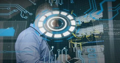 Image of scope scanning and data processing over man using tablet in warehouse Stock Photos