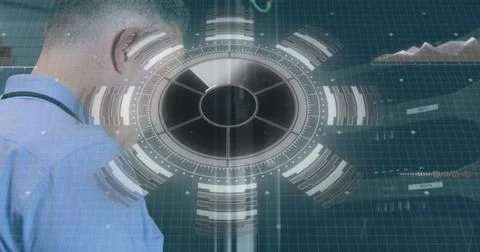 Image of scope scanning and data processing over caucasian it man fixing Foto stock