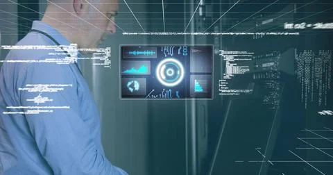 Image of scope scanning and data processing over caucasian it man fixing Stockfoto's