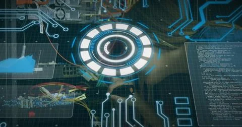 Image of scope scanning and data processing over cables in computer server 写真素材