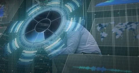 Image of scope scanning and data processing over caucasian it man fixing Stockfoto's