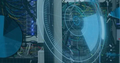 Image of scope scanning and data processing over tech room with computer servers Stock Photos