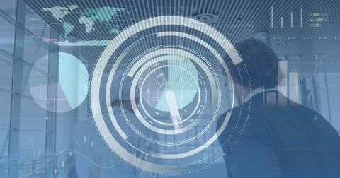 Image of scope scanning and data processing over businesswoman with computer Stockfoto's