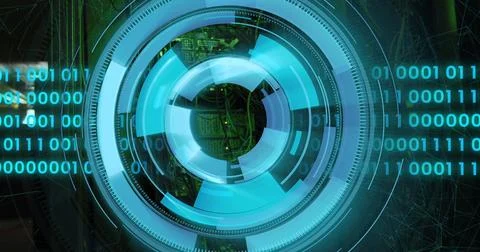 Image of scope scanning and data processing over server room Stock Photos