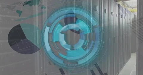 Image of scope scanning and data processing over server room Stock Photos