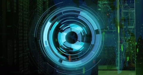 Image of scope scanning and data processing over server room Stock Photos