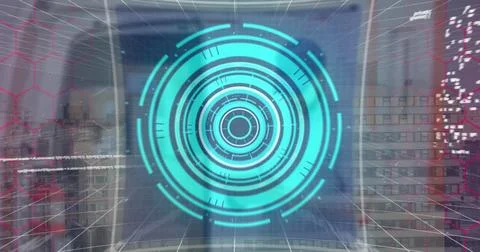 Image of scope scanning and data processing over tech room with computer servers Stock Photos