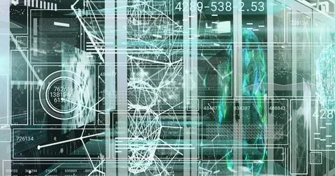 Image of scope scanning and data processing over tech room with computer servers Stock Photos