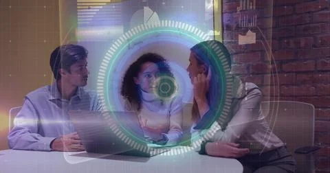 Image of scope scanning and data processing over diverse business people in Stock Photos