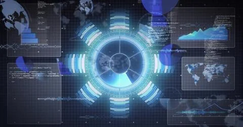 Image of scope scanning and digital data processing over black background イラスト素材