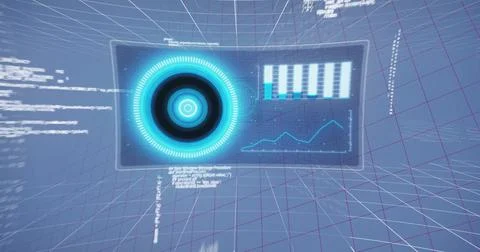 Image of scope scanning and digital data processing over blue background Stock Illustration