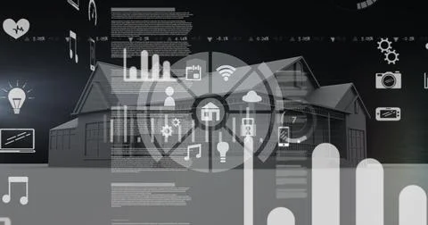 Image of scope scanning and digital icons over house Stock Illustration