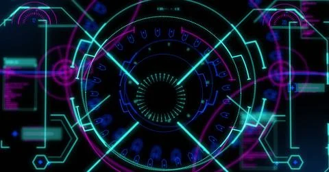 Image of scope scanning and digital data processing over black background Stock Photos