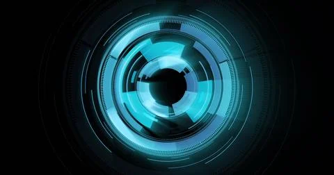 Image of scope scanning and digital data processing over black background Stock Photos