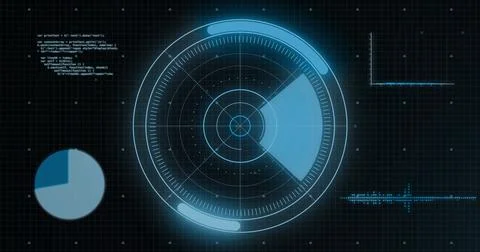 Image of scope scanning and digital data processing over black background Stock Photos