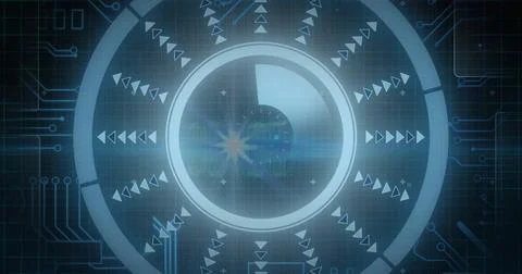 Image of scope scanning and digital data processing over dark background Stock Photos