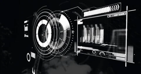 Image of scope scanning and financial data processing over crane and clouds Illustrazione stock