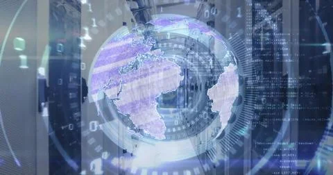 Image of scope scanning and globe with data processing over computer servers イラスト素材