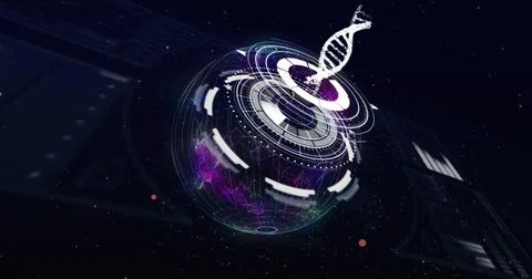 Image of scope scanning and globe over data processing on black background Foto stock