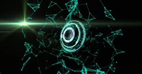 Image of scope scanning and green networks of connection on black background Stock Illustration