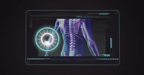 Image of scope scanning and human body spinning on screen 스톡 일러스트