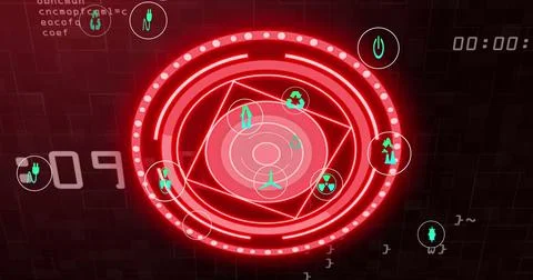Image of scope scanning and icons over data processing Stockillustratie