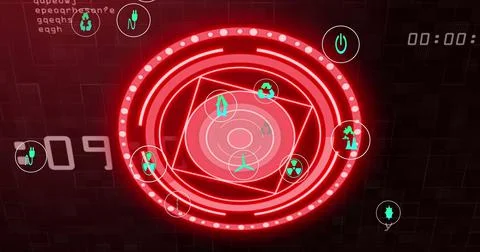 Image of scope scanning and icons over data processing Stockillustratie