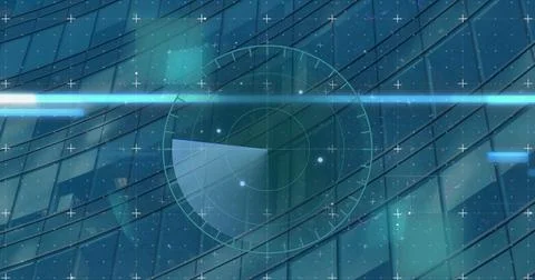 Image of scope scanning and lights with glitch over modern building background Ilustración de archivo