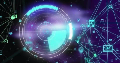 Image of scope scanning and network of connections with icons on black Stock Illustration