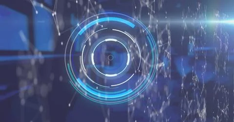 Image of scope scanning and network of connections over screens Stock Illustration