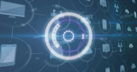 Image of scope scanning and numbers changing over hexagon digital icons Stock Illustration