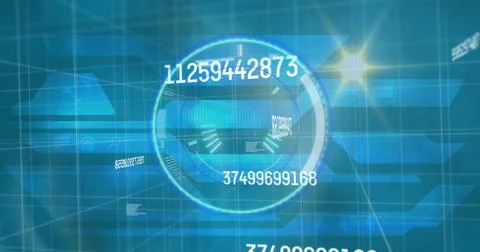 Image of scope scanning and numbers changing on blue background Illustrazione stock