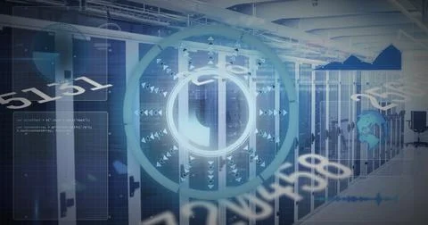 Image of scope scanning and numbers changing over tech room with computer Stock Photos