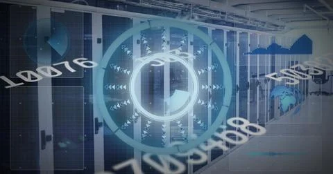 Image of scope scanning and numbers changing over tech room with computer Stock Photos