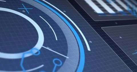 Image of scope scanning and processor elements on screens over grid Ilustração Stock