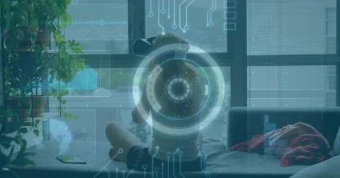 Image of scope scanning and processor elements over woman wearing vr headset Stock Photos