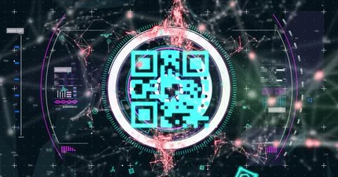 Image of scope scanning and qr code online security with network of connections Illustrazione stock