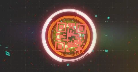 Image of scope scanning and qr code security data processing on black background 스톡 일러스트