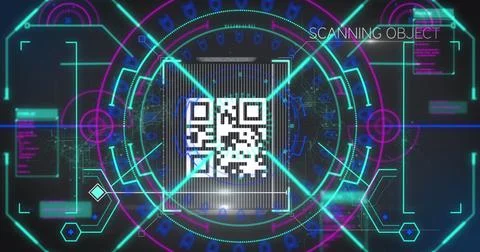 Image of scope scanning and qr code security check on black background Illustrazione stock