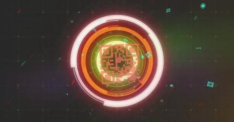Image of scope scanning and qr code security data processing on black background 스톡 일러스트