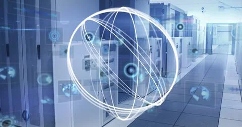 Image of scope scanning and scope scanning over tech room with computer server 스톡 사진