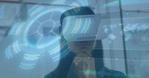 Image of scope scanning and screen with world map over woman wearing vr headset Stock Photos