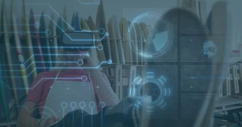 Image of scope scanning and screens with data processing over man wearing vr Stock Photos