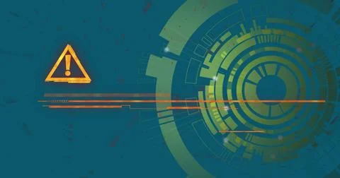Image of scope scanning and shapes over danger text and warning symbol Stock Illustration