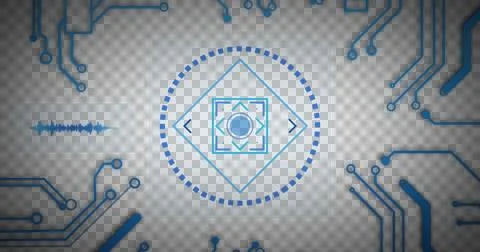 Image of scope scanning and spinning with blue computer circuit board elements 스톡 일러스트
