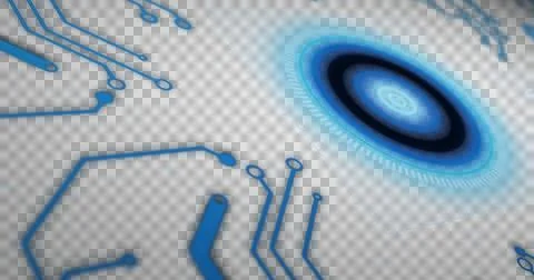 Image of scope scanning and spinning with blue computer circuit board elements Stock-Illustration